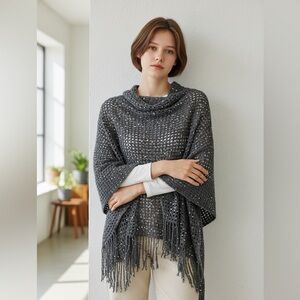 Charcoal Gray Open-Knit Fringe Poncho Sweater - Women